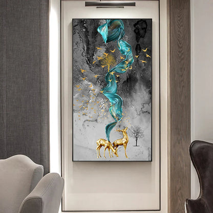 Abstract Golden Deer Paintings Wall Pictures Modern Canvas Painting Blue Poster Print Wall Art For Living Room Bedroom Nordic