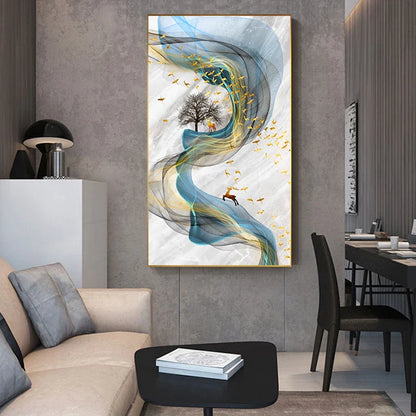 Abstract Golden Deer Paintings Wall Pictures Modern Canvas Painting Blue Poster Print Wall Art For Living Room Bedroom Nordic