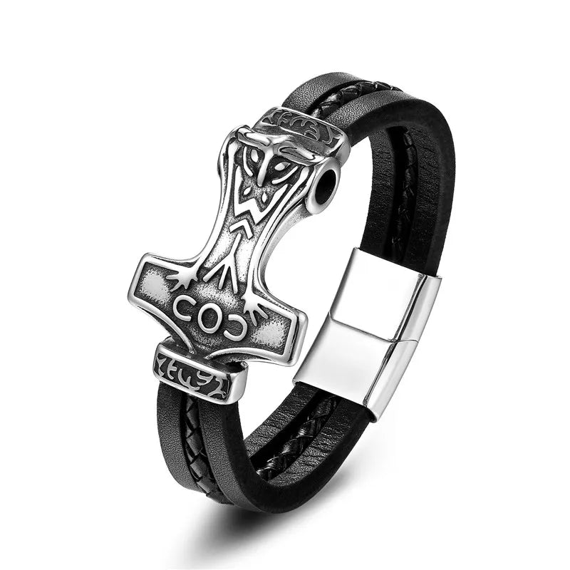 Thors Hammer Men's Leather Bracelet