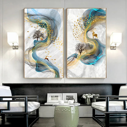 Abstract Golden Deer Paintings Wall Pictures Modern Canvas Painting Blue Poster Print Wall Art For Living Room Bedroom Nordic