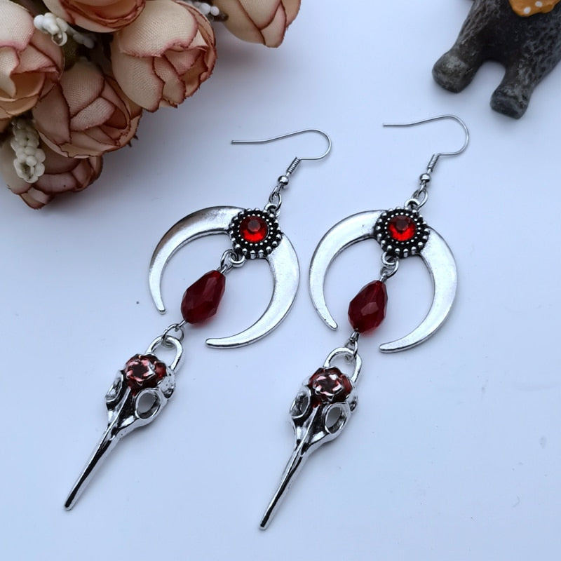 Red Gem Raven Skull Moon Earrings