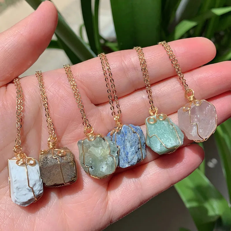 Raw Crystal Wire Wrap Gold Necklaces