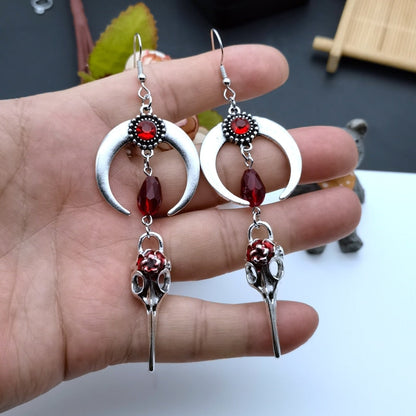 Red Gem Raven Skull Moon Earrings