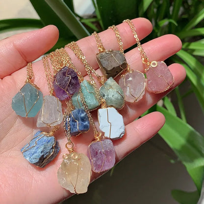 Raw Crystal Wire Wrap Gold Necklaces