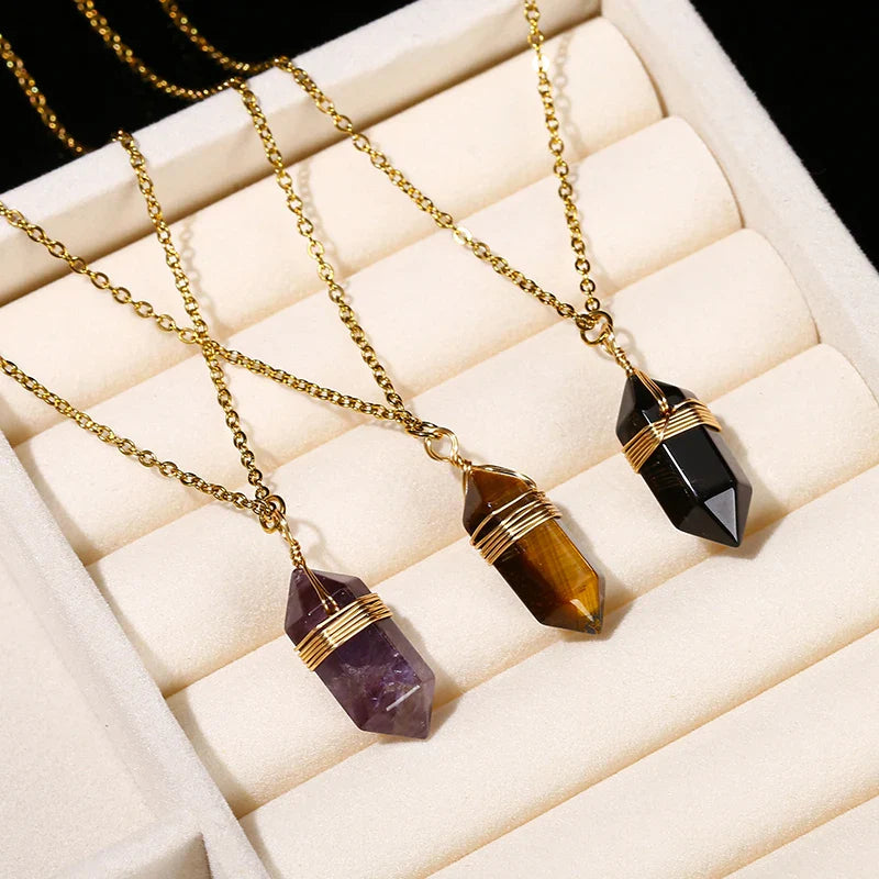 Crystal Hexagon Wire Wrap Gold Necklaces