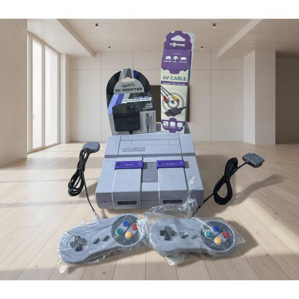 Vintage gaming console SNES with controllers and accessories
