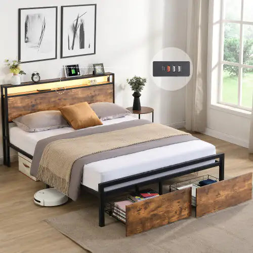 Full-Size LED Bed with Charging Hub and Drawers