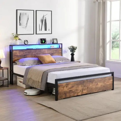 Full-Size LED Bed with Charging Hub and Drawers