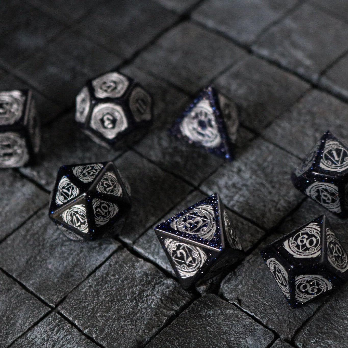 Mage Fury Blue Sandstone Silver Font Gemstone DND Dice Set