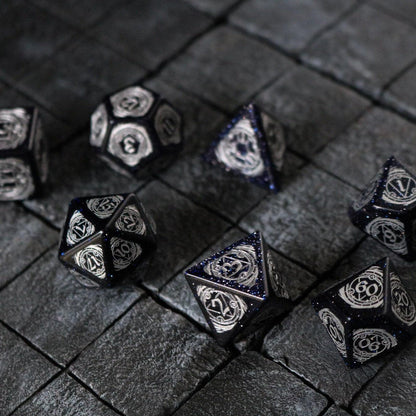 Mage Fury Blue Sandstone Silver Font Gemstone DND Dice Set