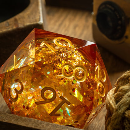Massive Gold And Glitter Fireball Liquid Core 95MM Chonk Handmade Resin Dice And Box