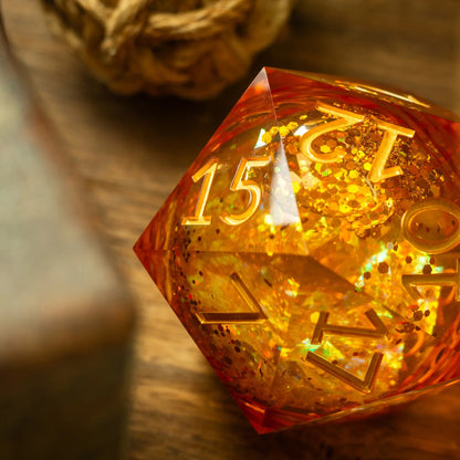 Massive Gold And Glitter Fireball Liquid Core 95MM Chonk Handmade Resin Dice And Box