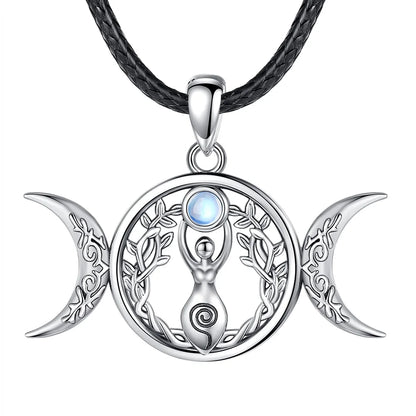 Moonstone Triple Moon Goddess Sterling Silver Necklace