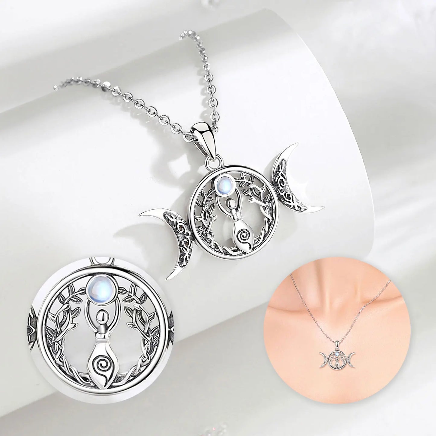 Moonstone Triple Moon Goddess Sterling Silver Necklace