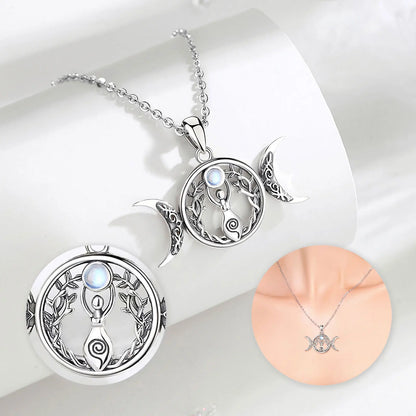 Moonstone Triple Moon Goddess Sterling Silver Necklace