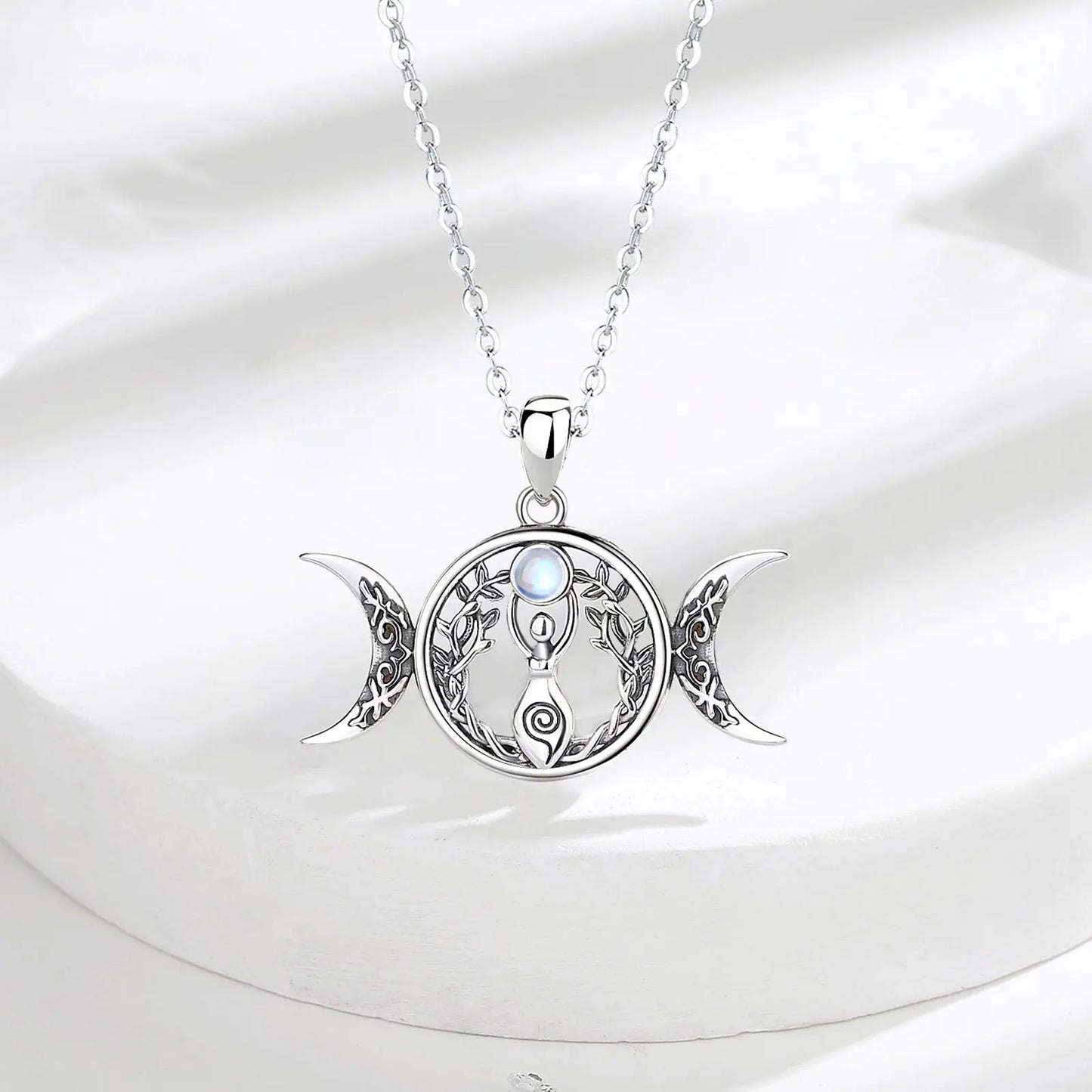 Moonstone Triple Moon Goddess Sterling Silver Necklace