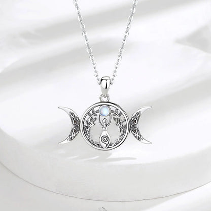 Moonstone Triple Moon Goddess Sterling Silver Necklace