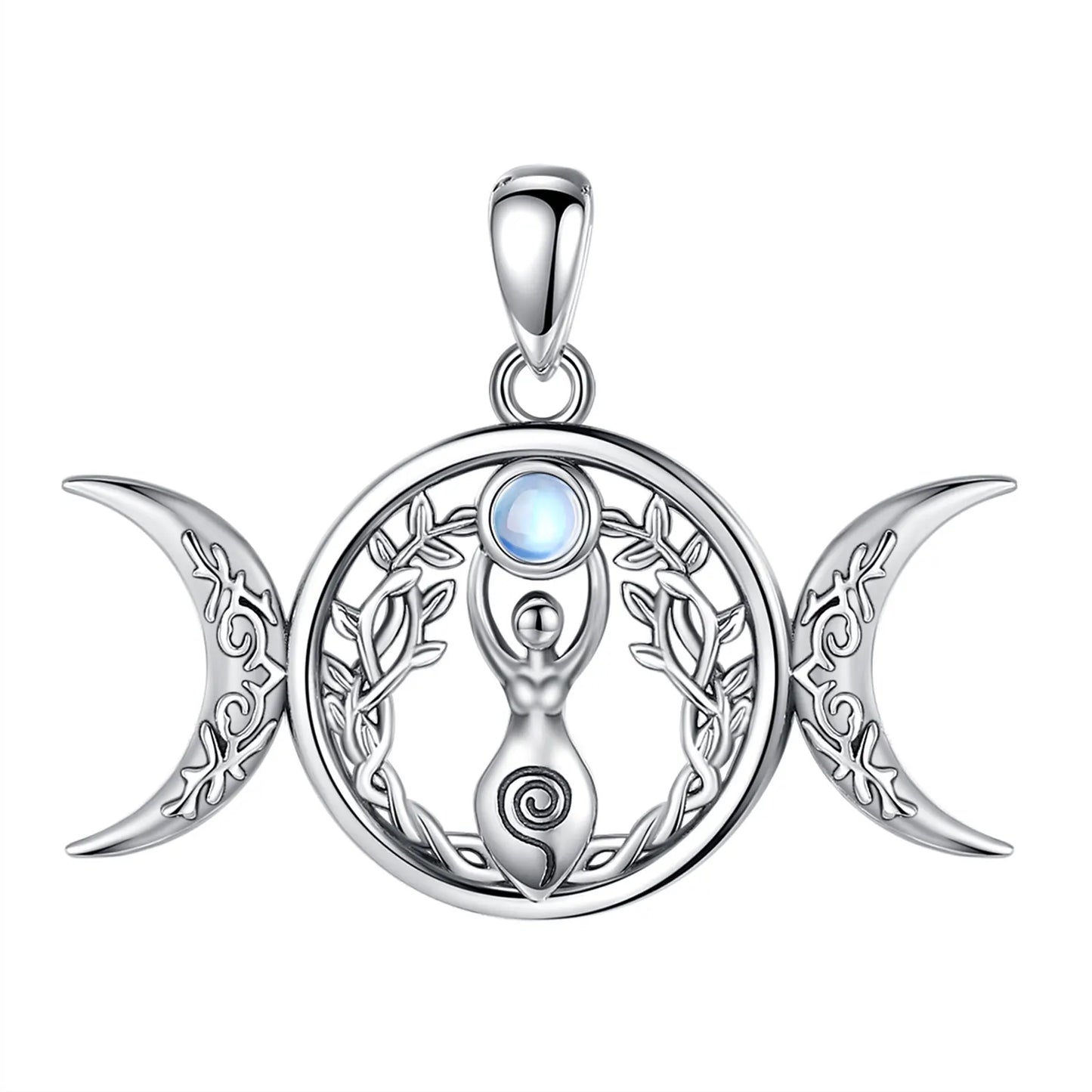 Moonstone Triple Moon Goddess Sterling Silver Necklace