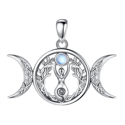 Moonstone Triple Moon Goddess Sterling Silver Necklace
