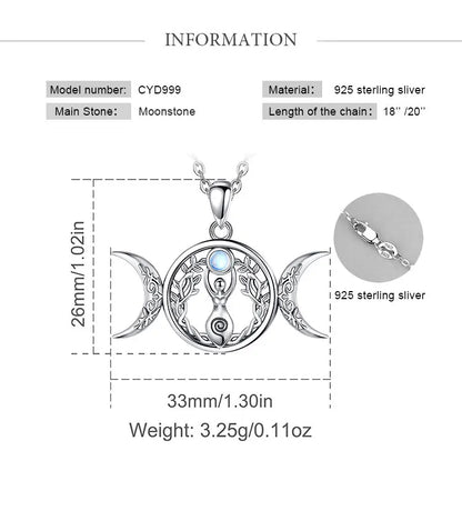 Moonstone Triple Moon Goddess Sterling Silver Necklace