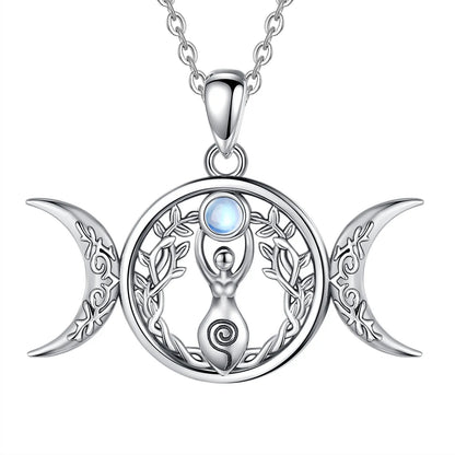 Moonstone Triple Moon Goddess Sterling Silver Necklace