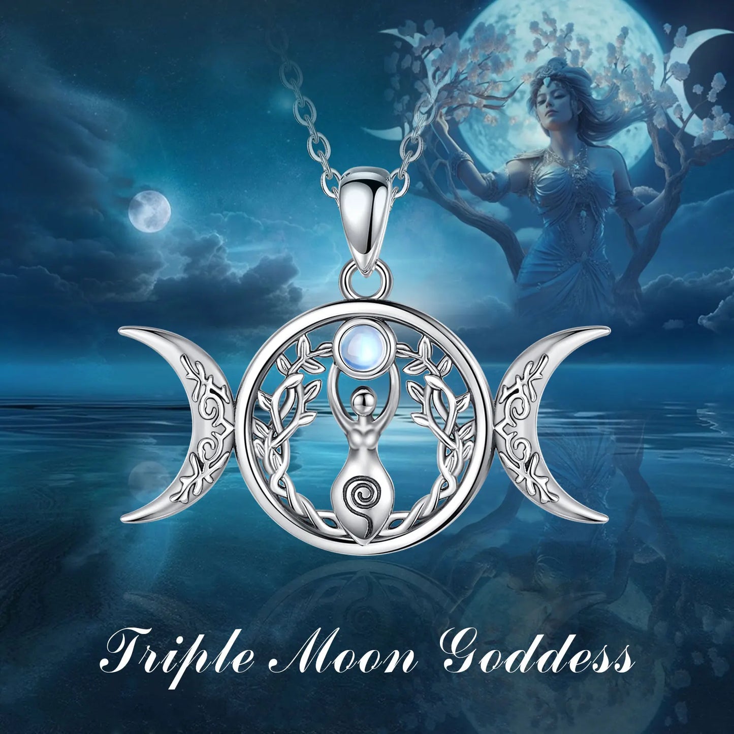 Moonstone Triple Moon Goddess Sterling Silver Necklace