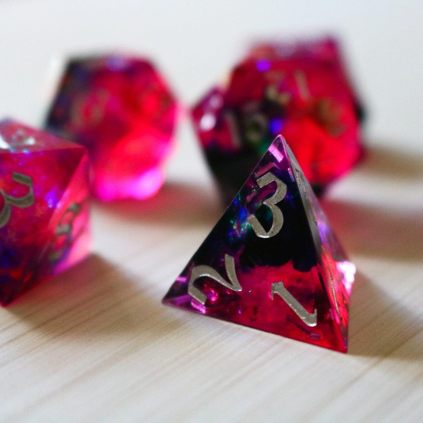Pink/Silver Handmade Sharp Edge Resin DND Dice Set