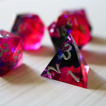 Pink/Silver Handmade Sharp Edge Resin DND Dice Set