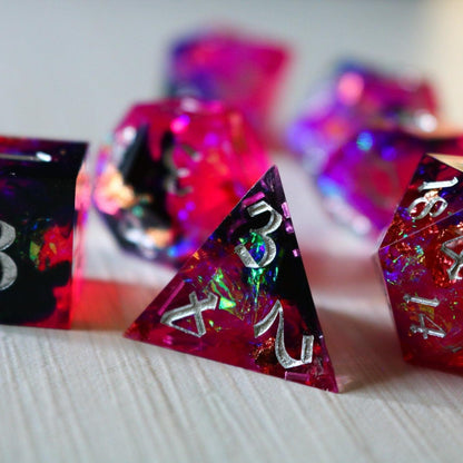 Pink/Silver Handmade Sharp Edge Resin DND Dice Set