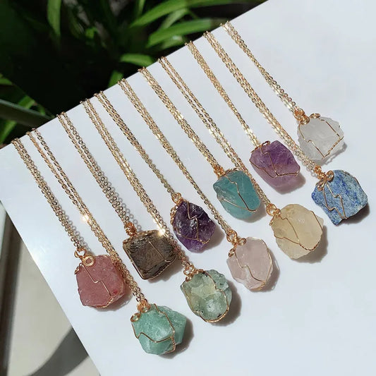 Raw Crystal Wire Wrap Gold Necklaces