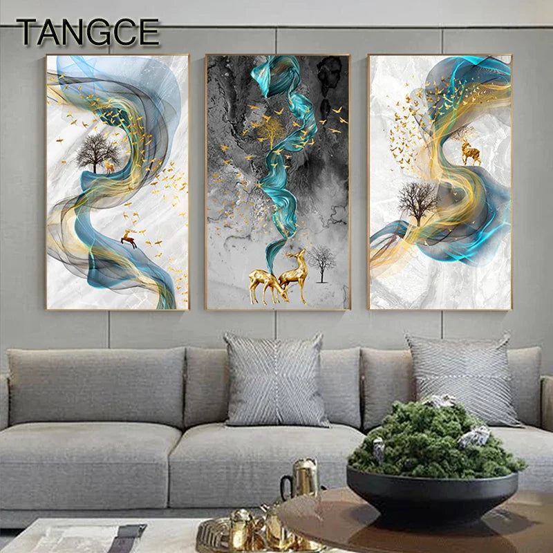 Abstract Golden Deer Paintings Wall Pictures Modern Canvas Painting Blue Poster Print Wall Art For Living Room Bedroom Nordic