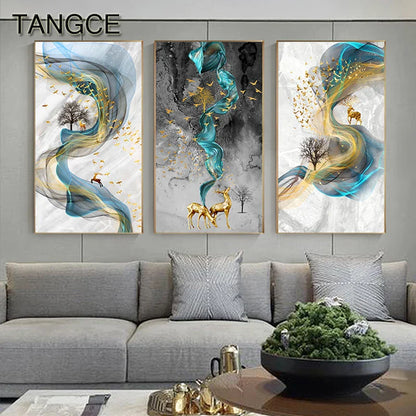 Abstract Golden Deer Paintings Wall Pictures Modern Canvas Painting Blue Poster Print Wall Art For Living Room Bedroom Nordic