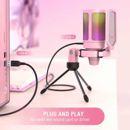 FIFINE USB Gaming PC Microphone for Streaming Podcasts,AmpliGame RGB Computer Condenser Desktop Mic for studio/Video-Pink