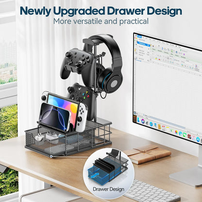 Headphone Stand with Drawer Headset & Controller Holder for Desk Earphone Stand Organizer Universal Gaming PC Accessories Storag