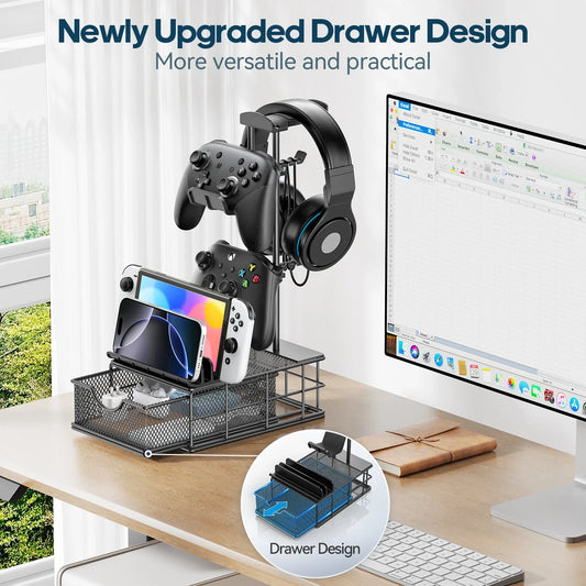 Headphone Stand with Drawer Headset & Controller Holder for Desk Earphone Stand Organizer Universal Gaming PC Accessories Storag