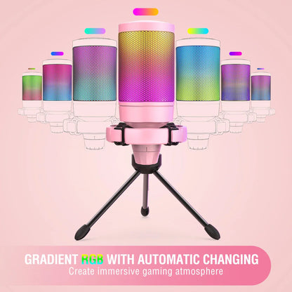 FIFINE USB Gaming PC Microphone for Streaming Podcasts,AmpliGame RGB Computer Condenser Desktop Mic for studio/Video-Pink