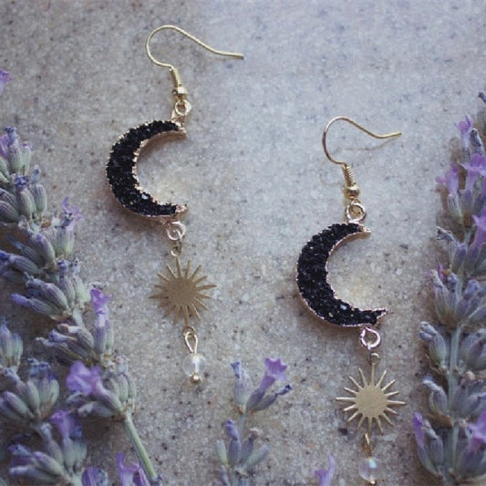 Druzy Stone Crescent Moon Sun Earrings
