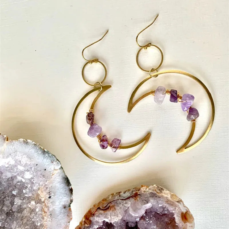Crescent Moon Crystal Gold Earrings