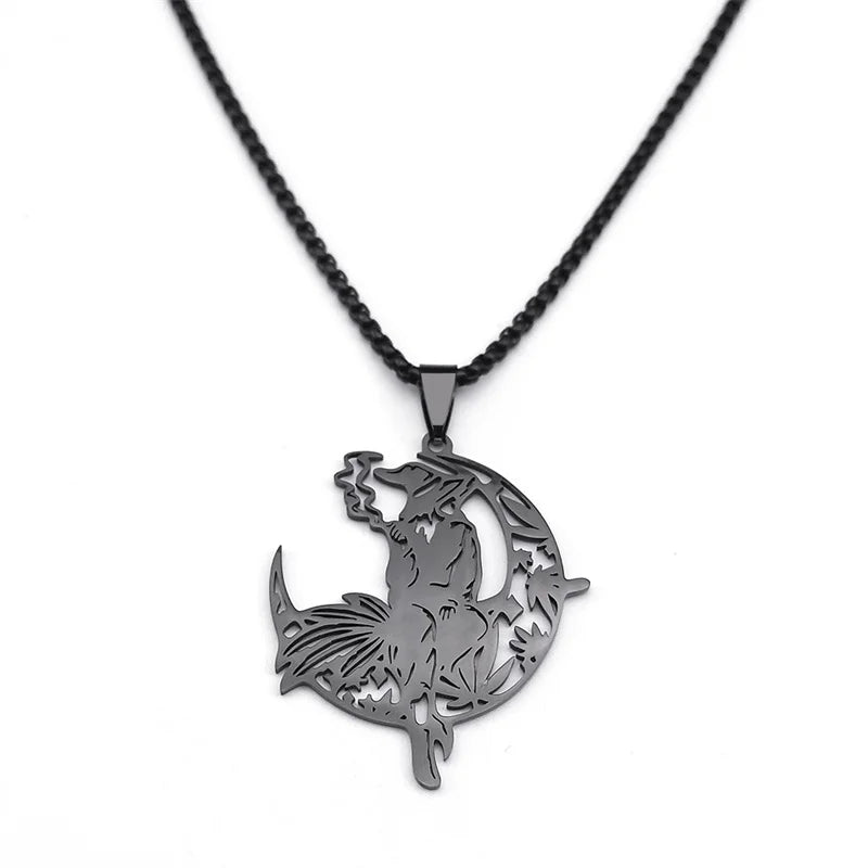 Smoking Witch Broom Moon Necklace