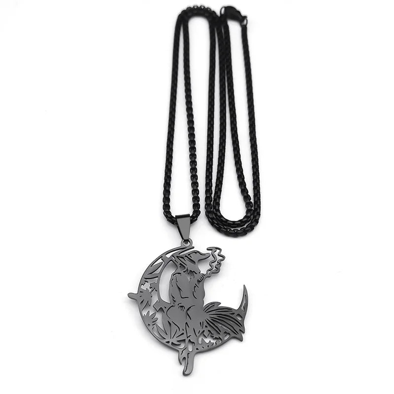 Smoking Witch Broom Moon Necklace