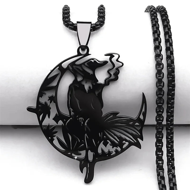 Smoking Witch Broom Moon Necklace
