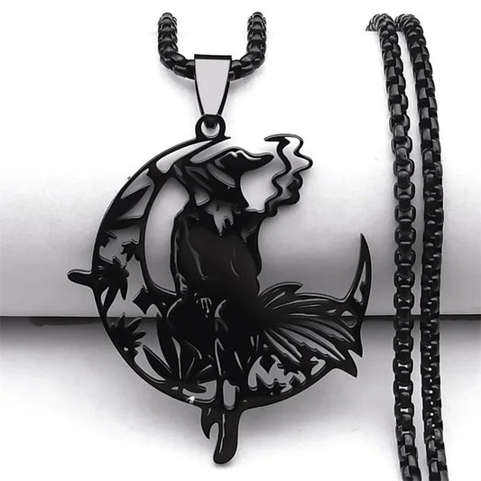 Smoking Witch Broom Moon Necklace