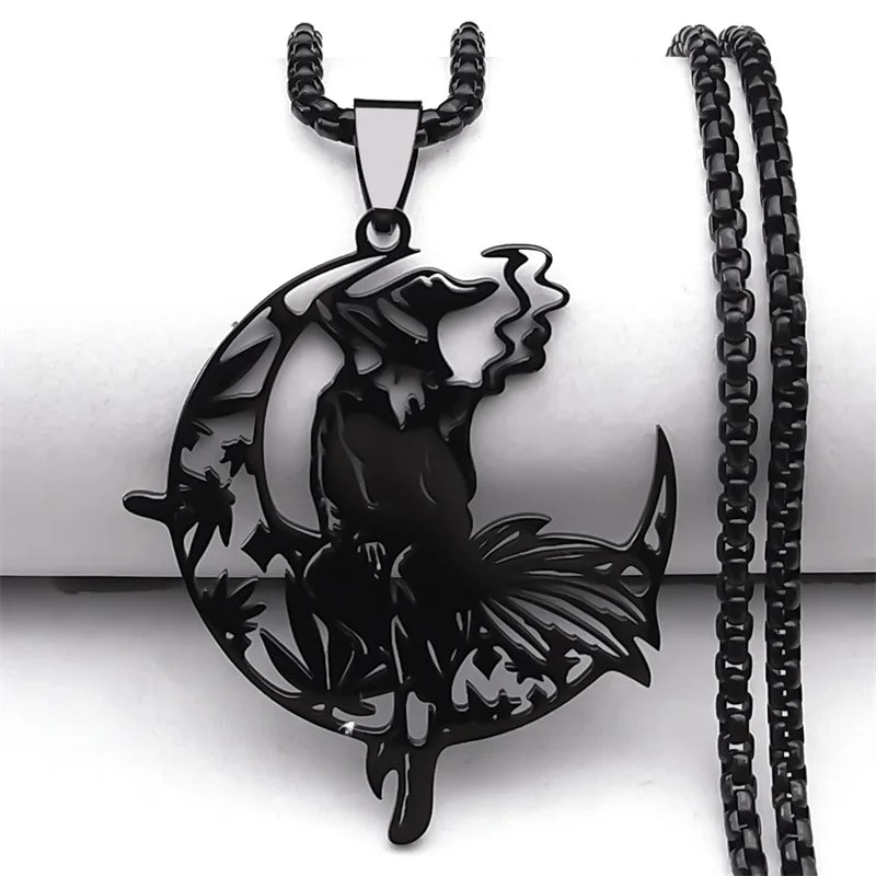 Smoking Witch Broom Moon Necklace