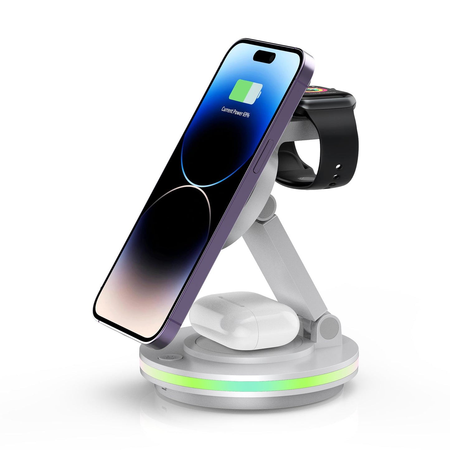 Foldable 4-in-1 Magnetic Wireless Charging Station with 7-Color Night Light for iPhone, Apple Watch & AirPods
