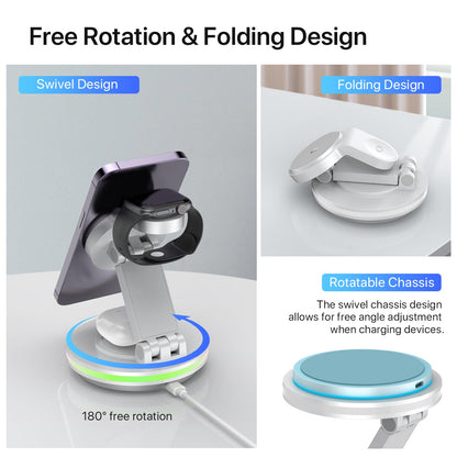 Foldable 4-in-1 Magnetic Wireless Charging Station with 7-Color Night Light for iPhone, Apple Watch & AirPods