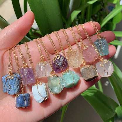 Raw Crystal Wire Wrap Gold Necklaces