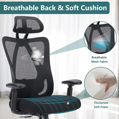 Home Office Desk Chair, Ergonomic Rolling Work Swivel High Ba 135°Tilt Function Big and Tall Computer with Wheels, 2D Armrest