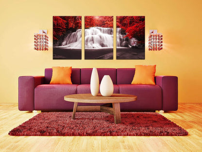 Stunning Black, White & Red Waterfall Canvas Wall Art - 3 Piece Set of Red Trees Forest Prints for Living Room & Office Decor - 16x24 Inch Each