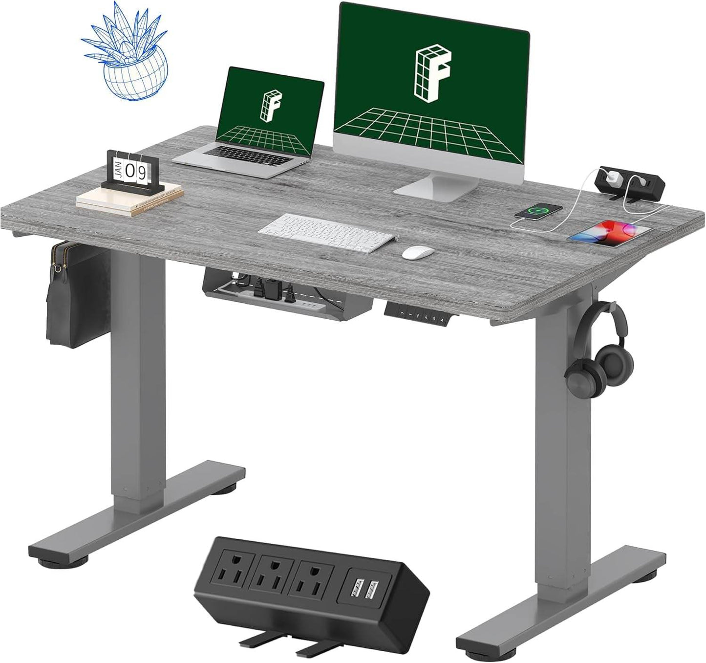 EN2 Height Adjustable Electric Standing Desk - 48"x30" with Clamp Power Strip & Cable Management (Gray Frame + Mahogany Top)