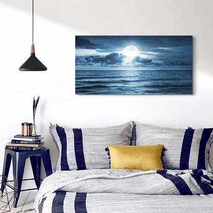 Stunning Blue Sea Moon Landscape Canvas Wall Art - Large Ready-to-Hang Modern Decor for Living Room (20x40 Inch)